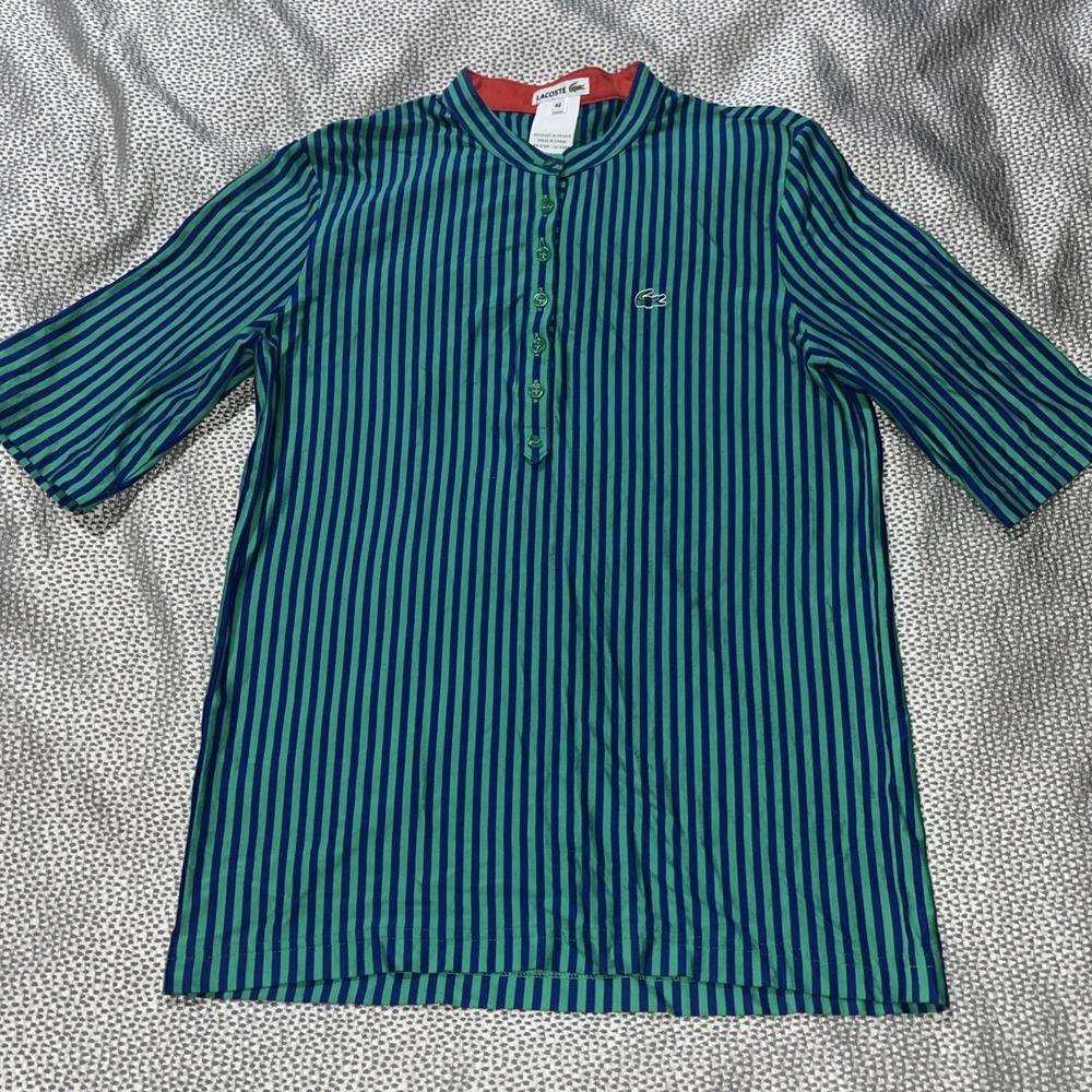 Lacoste Vertical Striped 1/4 Button Neck Size 42 Short Sleeve Golf Tennis